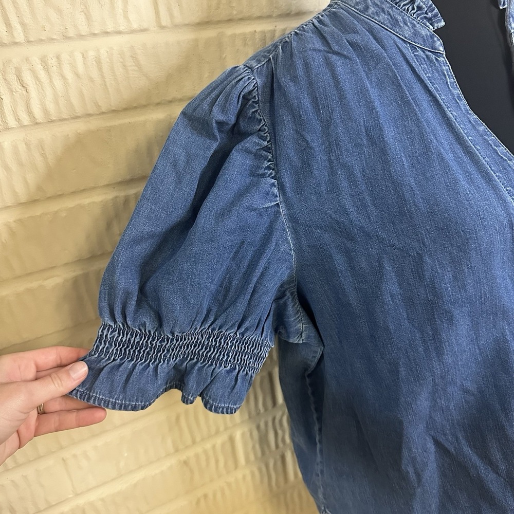 NWT Gap Puff Sleeve Denim Shirt Ruffle Trim Sz L Cotton V Neck Cottagecore Farm - Picture 3 of 7